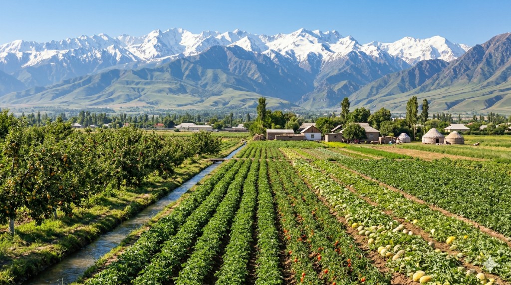 Aerial view of Fergana Valley farms with mountains behind them